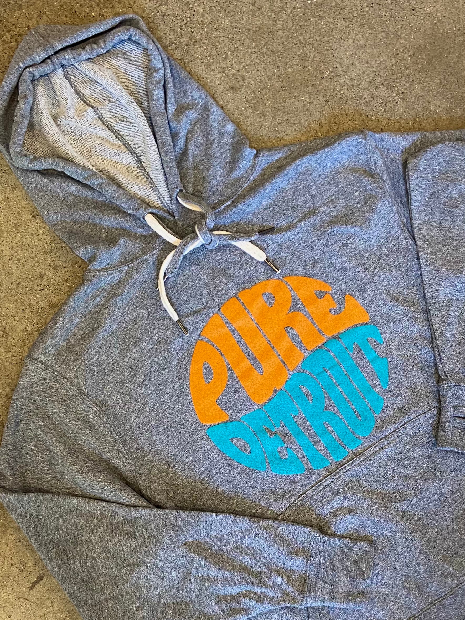 Pure Detroit Retro Terry Hooded Pullover /  Orange, Aqua + Heather Gray / Unisex Pullover