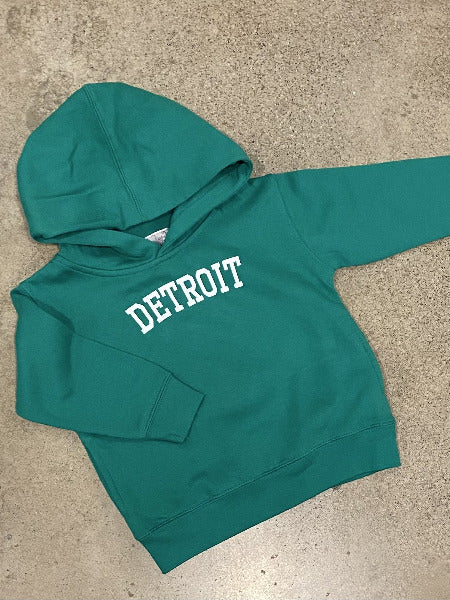 Detroit Collegiate Arch Toddler Hooded Sweatshirt / White + Kelly Green / Toddler Kid's Apparel   