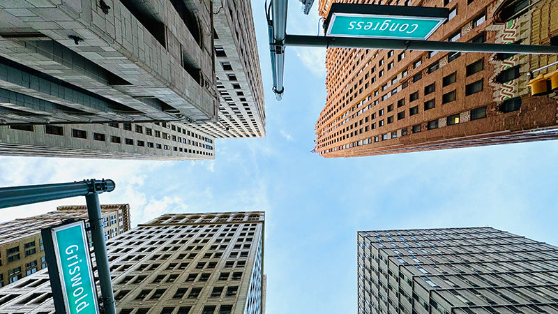 Downtown Detroit skycrapers at the corner of Congress and Griswold - Pure Detroit Skyscraper Tour