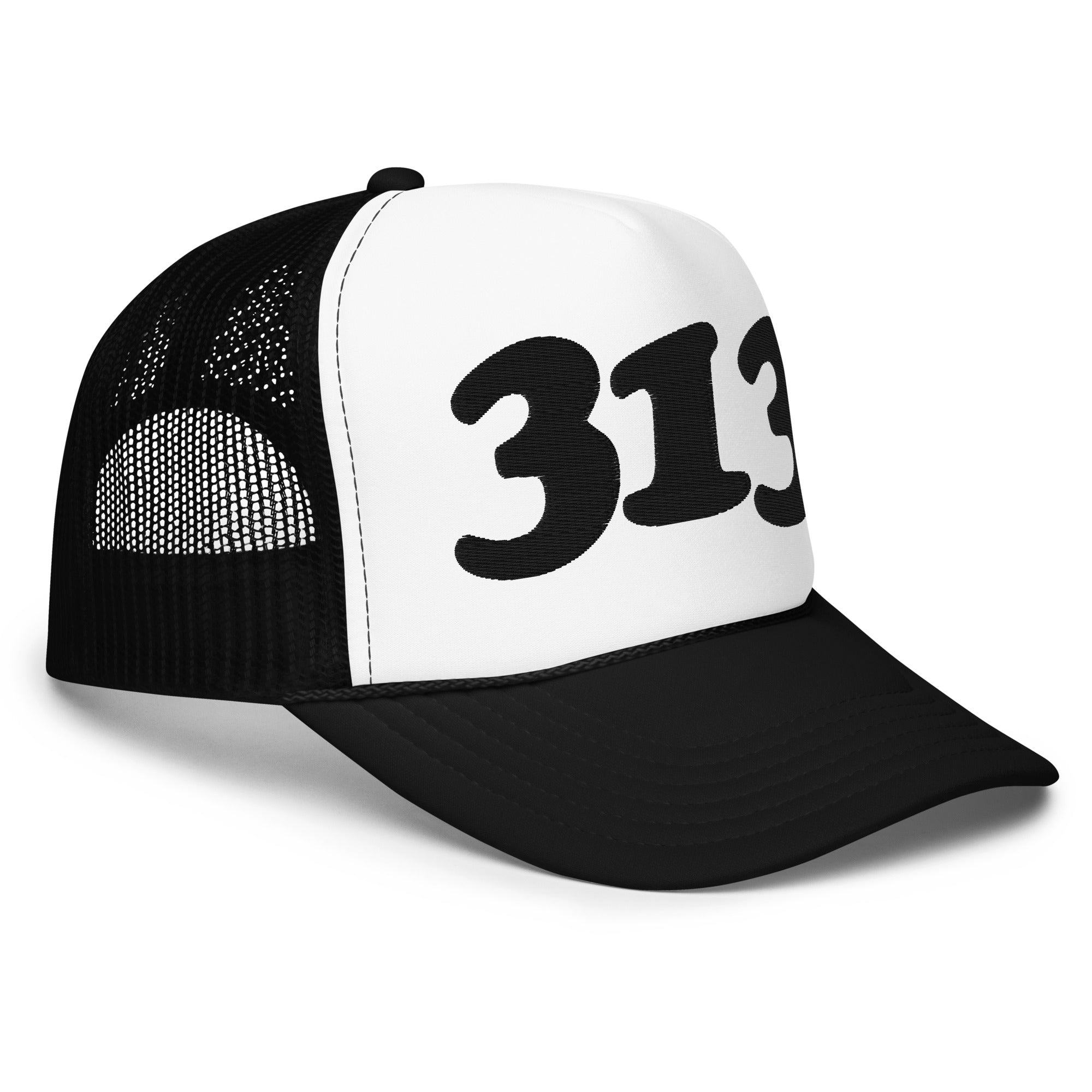 313 Detroit Hat by Pure Detroit. Black and white trucker style hat with 313 embroidered in black stitching on the front panel