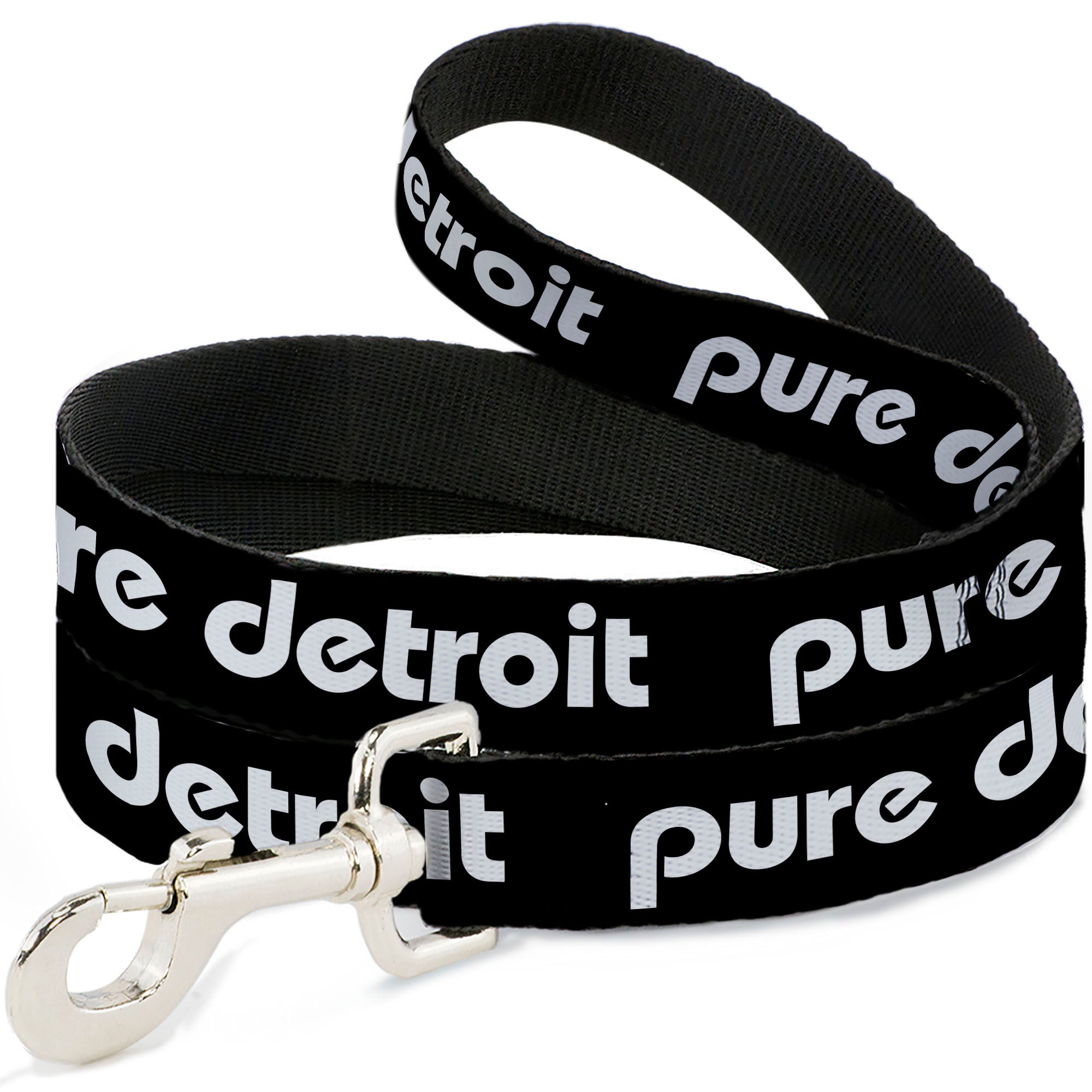 Pure Detroit dog leash. Black leash with 'Pure Detroit' printed in white along its length