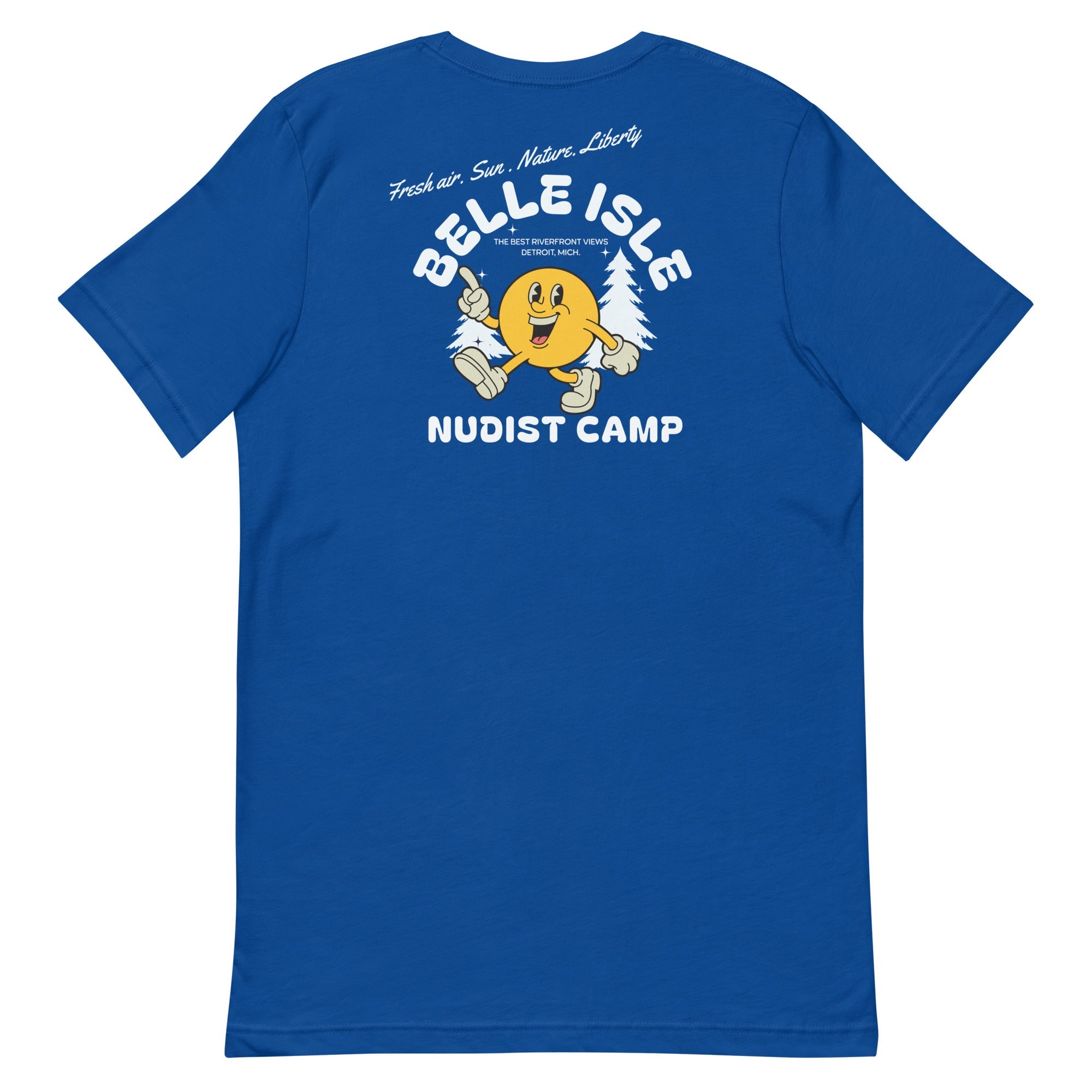 Belle Isle Nudist Camp Unisex T-shirt by Pure Detroit. Royal blue t-shirt with Belle Isle Nudist Camp Graphic printed across back