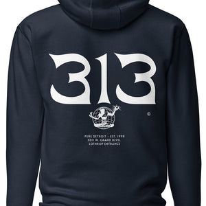 Back view of 313 Nomad Premium Pullover Unisex Hoodie - Back Print - Navy / White by Pure Detroit