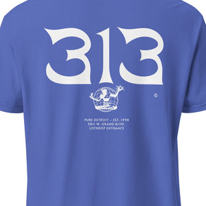 313 Nomad Unisex Garment - dyed Heavyweight T-shirt - Back Print - Flow Blue / White - Pure Detroit