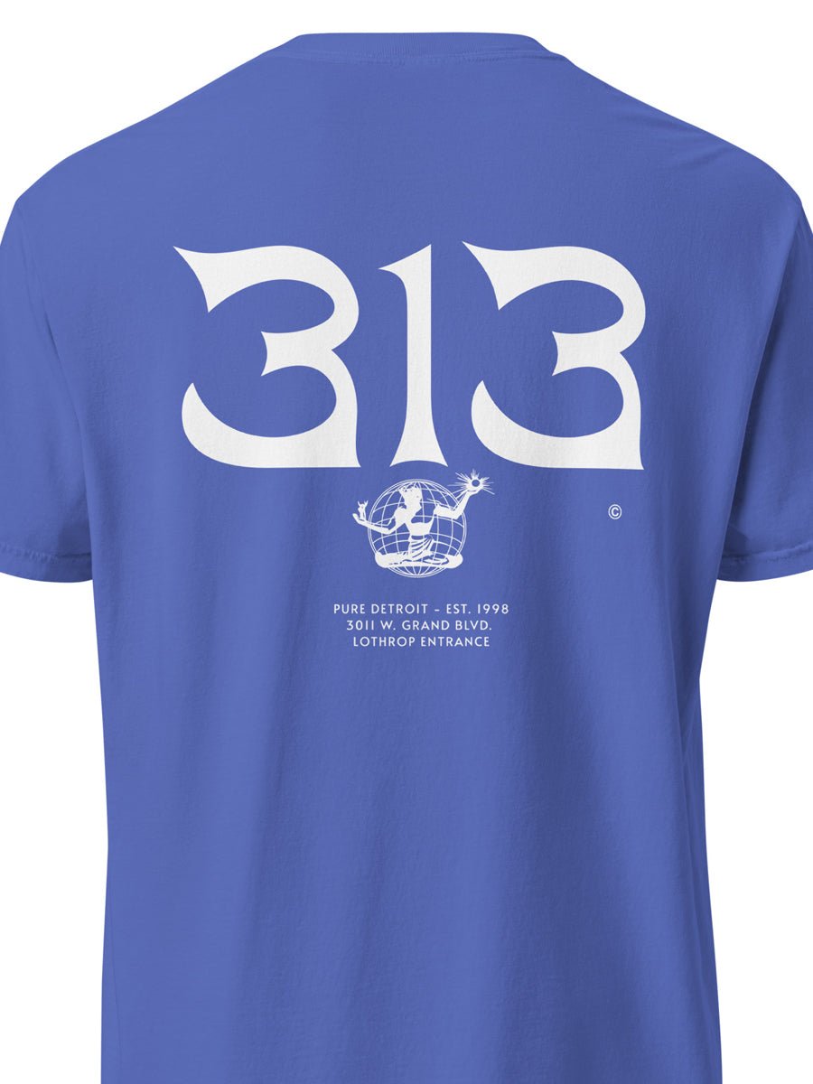 313 Nomad Unisex Garment - dyed Heavyweight T-shirt - Back Print - Flow Blue / White - Pure Detroit