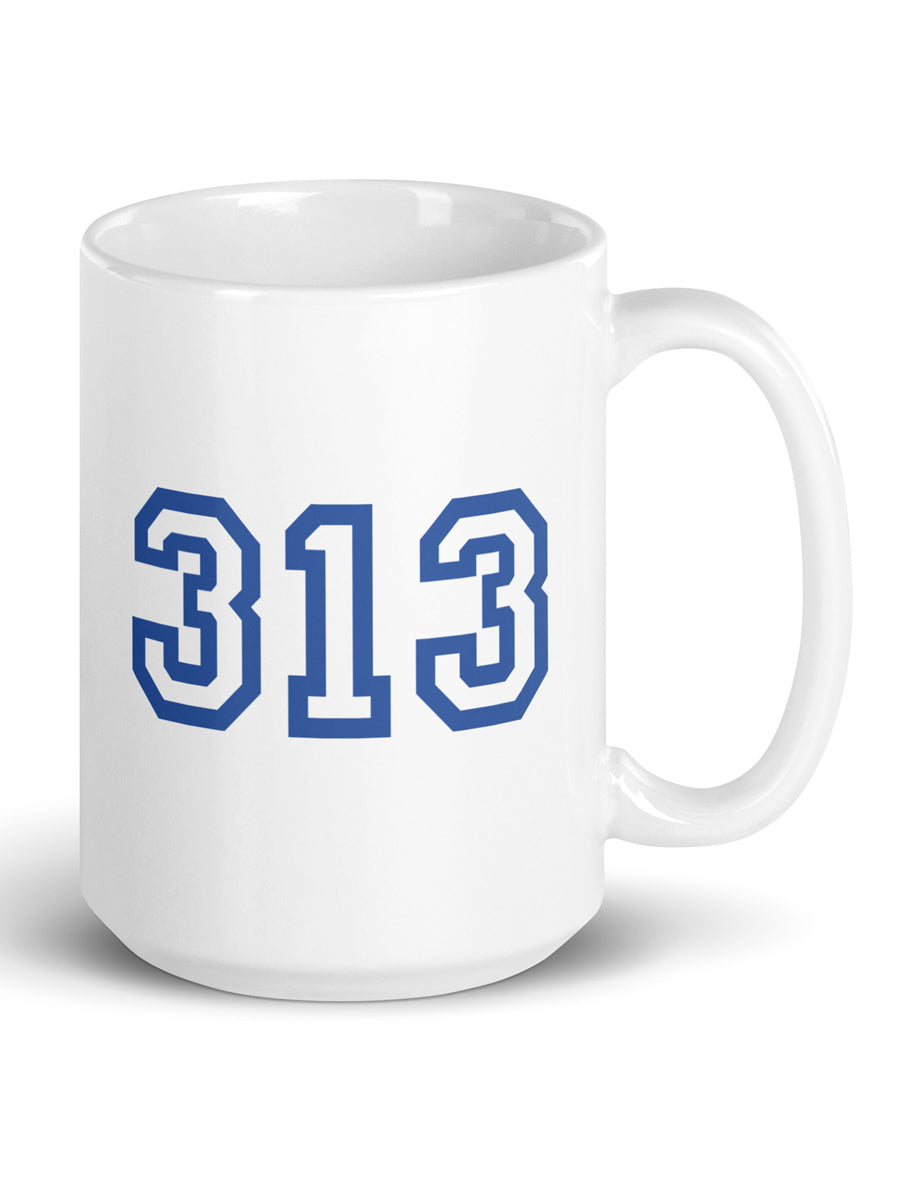 313 Detroit Ceramic Coffee Mug 15 oz - White / Blue