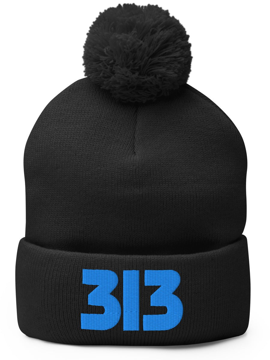 313 Detroit Embroidered Pom-Pom Beanie - Black / Blue Pom Pom Beanie