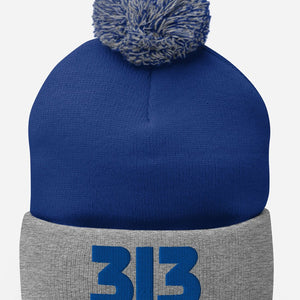 313 Embroidered Pom - Pom Beanie - Blue / Gray - Pure Detroit