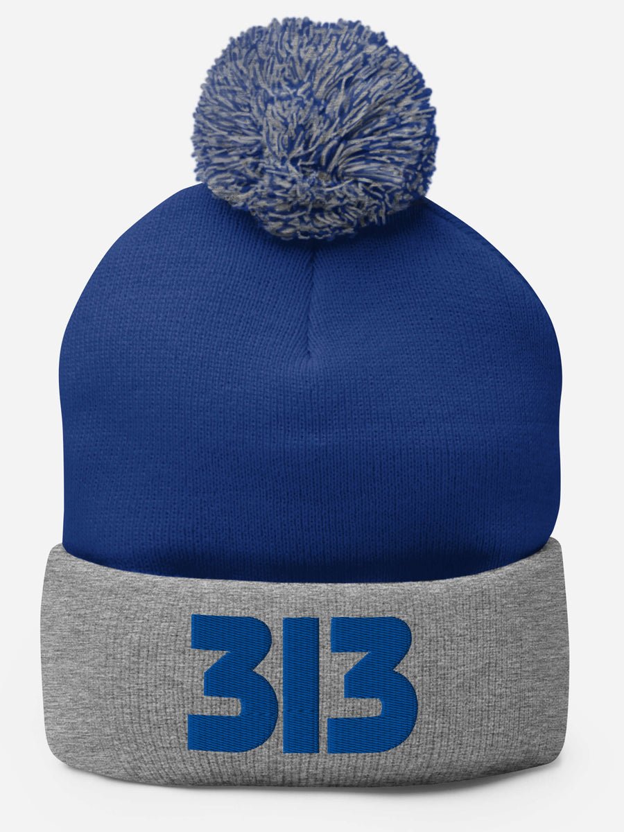 313 Embroidered Pom-Pom Beanie - Blue / Gray Pom Pom Beanie