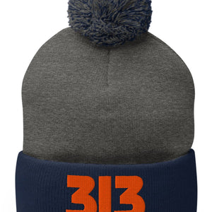 313 Pom - Pom Beanie - Navy / Gray / Orange - Pure Detroit