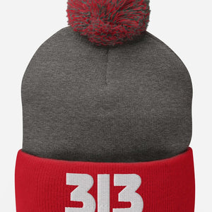 313 Embroidered Pom-Pom Beanie - Red / Gray / White Pom Pom Beanie