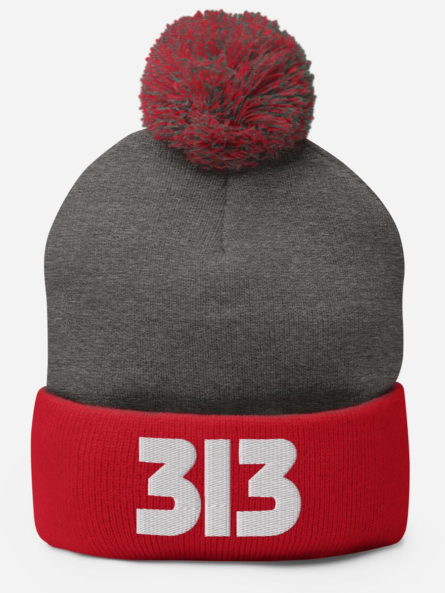 313 Embroidered Pom-Pom Beanie - Red / Gray / White Pom Pom Beanie