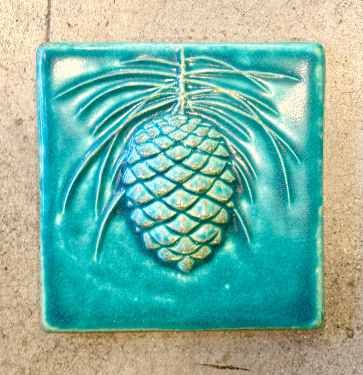 6x6 Pinecone Pewabic Tile - Pewabic Blue Pewabic Pottery