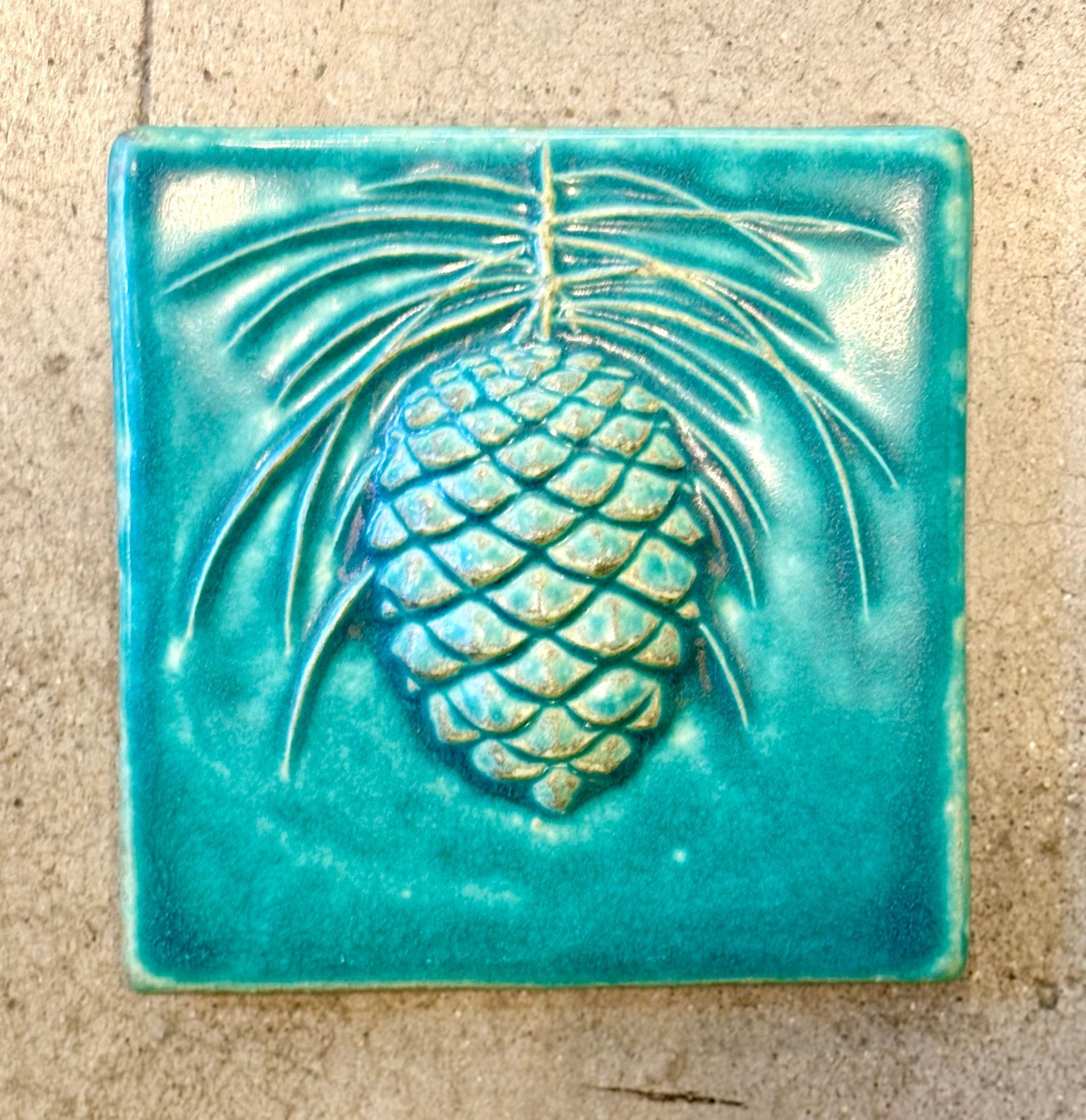 6x6 Pinecone Pewabic Tile - Pewabic Blue Pewabic Pottery