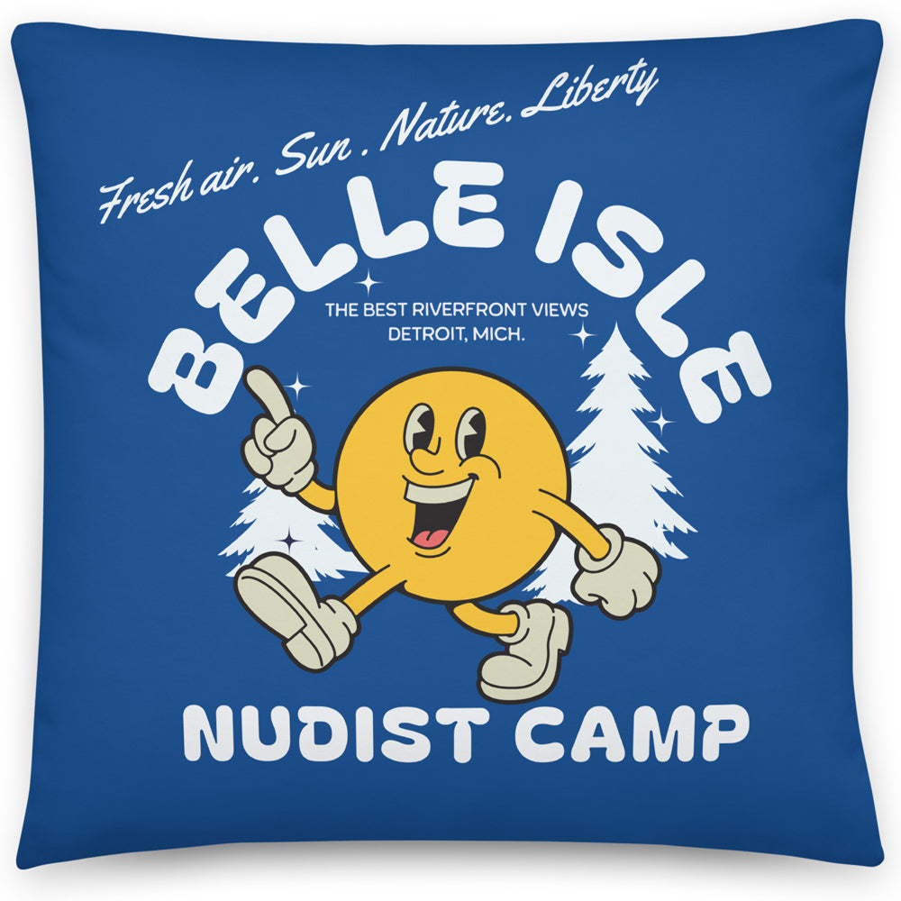 Belle Isle Nudist Camp Throw Pillow from Pure Detorit - 18" X 18" - Blue