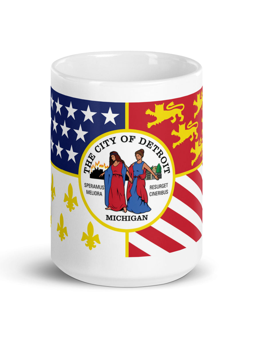 Detroit City Flag Ceramic Coffee Mug 15 oz - White / Multicolor