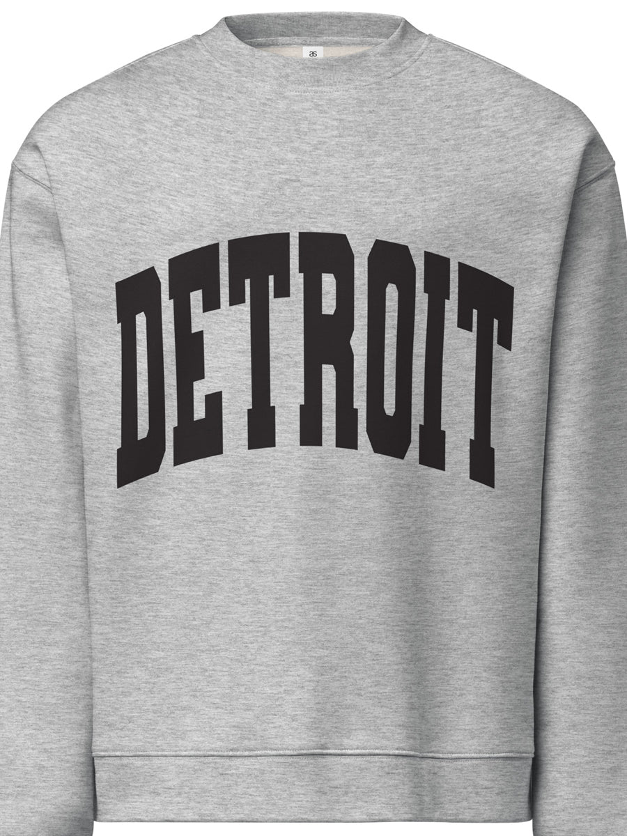 Detroit Game Day Crew Neck Sweatshirt in athletic gray with Detroit printed large across the front in black. By Pure Detroit.