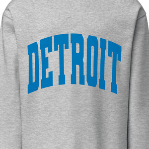 Detroit Game Day Crew Neck Sweatshirt in athletic gray with Detroit printed large across the front in blue. By Pure Detroit.
