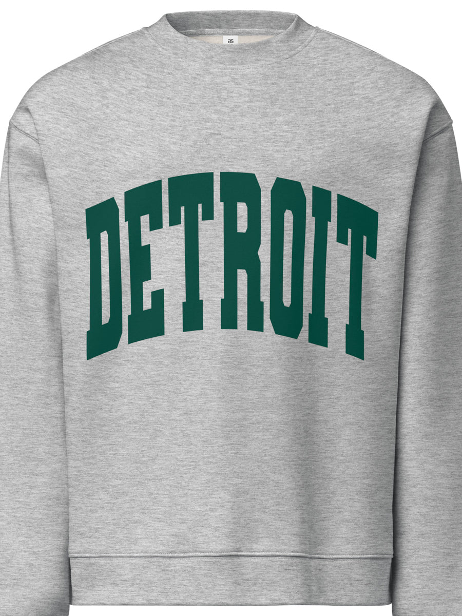 Detroit Game Day Crew Neck Sweatshirt in athletic gray with Detroit printed large across the front in green. By Pure Detroit.