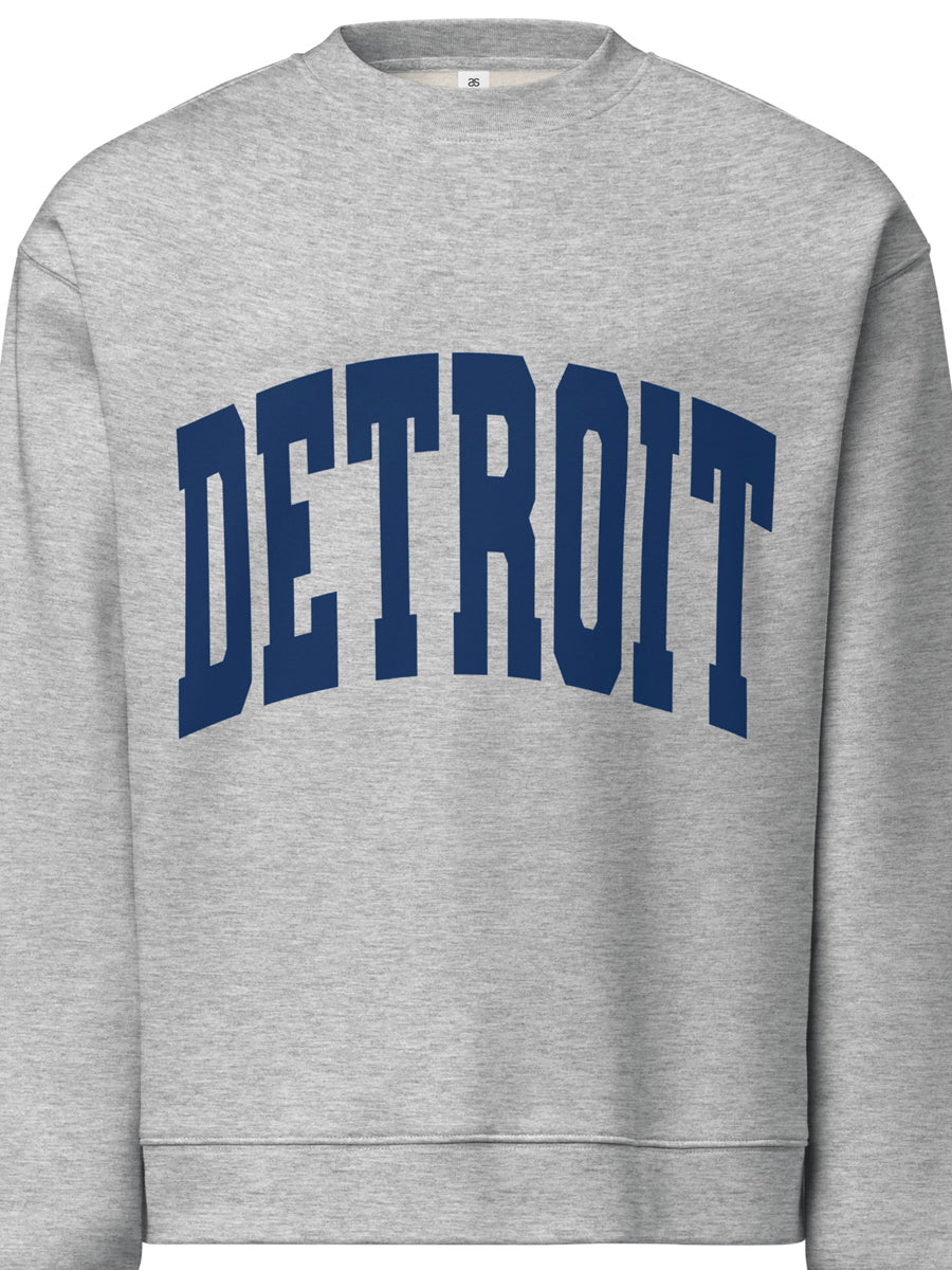 Detroit Game Day Crew Neck Sweatshirt in athletic gray with Detroit printed large across the front. By Pure Detroit.