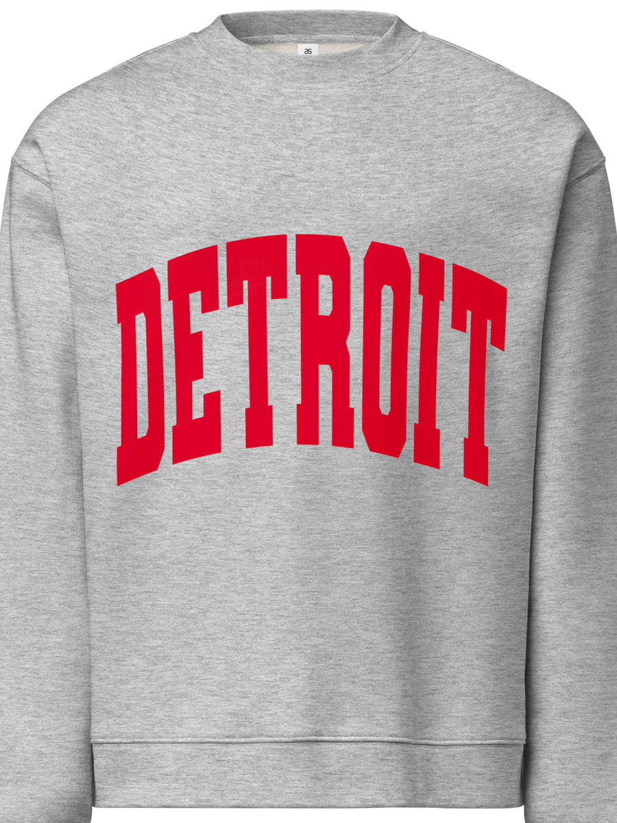 Detroit Game Day Crew Neck Sweatshirt in athletic gray with Detroit printed large across the front in red. By Pure Detroit.