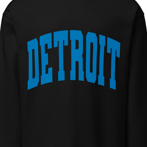 Detroit Game Day Crew Neck Sweatshirt in black with Detroit printed large across the front in blue. By Pure Detroit.