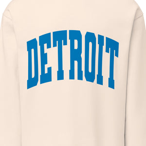 Detroit Game Day Crew Neck Sweatshirt in oatmeal with Detroit printed large across the front in blue. By Pure Detroit.