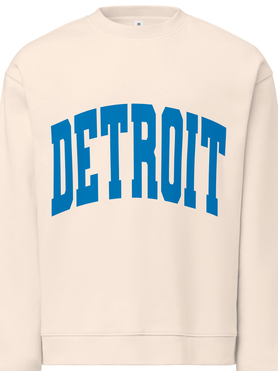 Detroit Game Day Crew Neck Sweatshirt in oatmeal with Detroit printed large across the front in blue. By Pure Detroit.