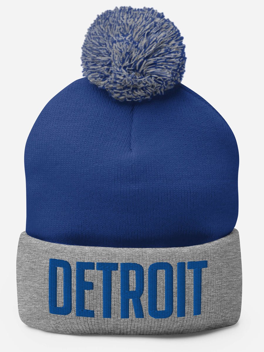 Detroit Embroidered Pom-Pom Beanie - Blue / Gray Pom Pom Beanie
