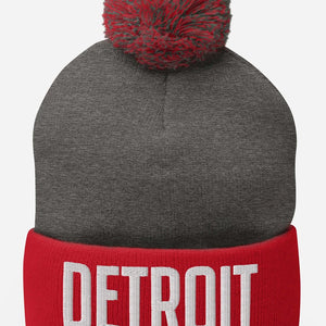 Detroit Embroidered Pom-Pom Beanie - Red / Gray / White Pom Pom Beanie