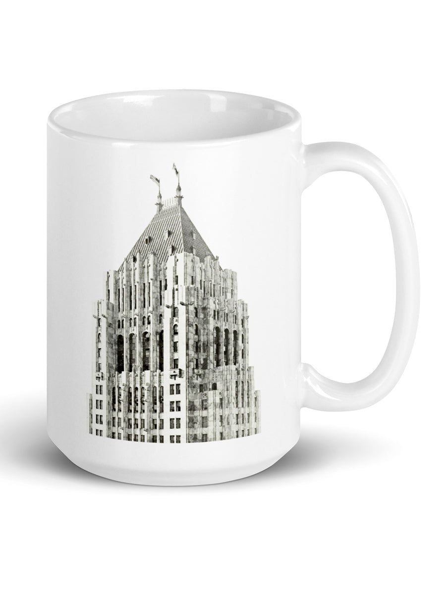 Fisher Building Detroit Ceramic Coffee Mug 15 oz - White / Black