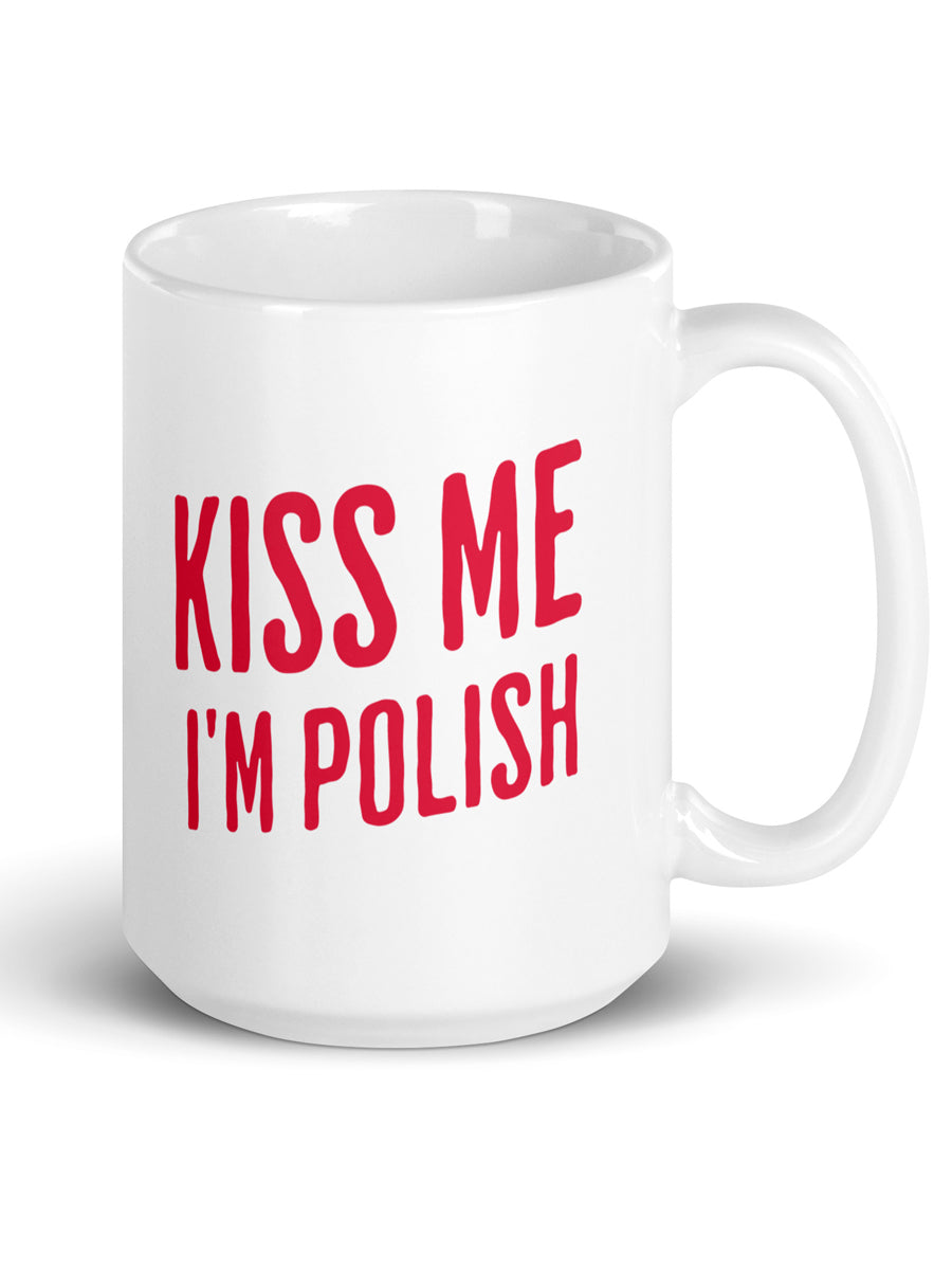 Kiss Me I'm Polish Ceramic Coffee Mug 15 oz - White / Red Coffee Mug