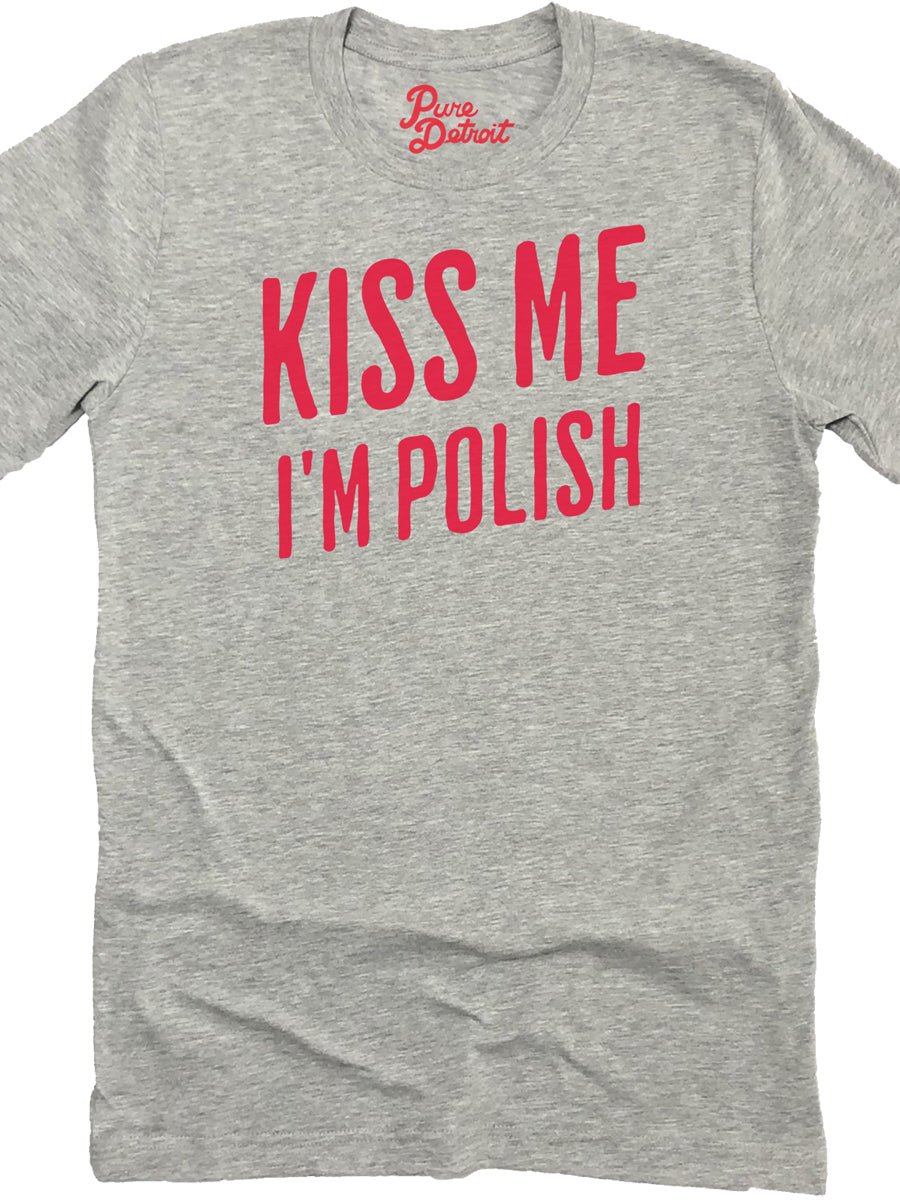 Kiss Me I'm Polish Premium Unisex T-shirt - Athletic Gray / Red t-shirt