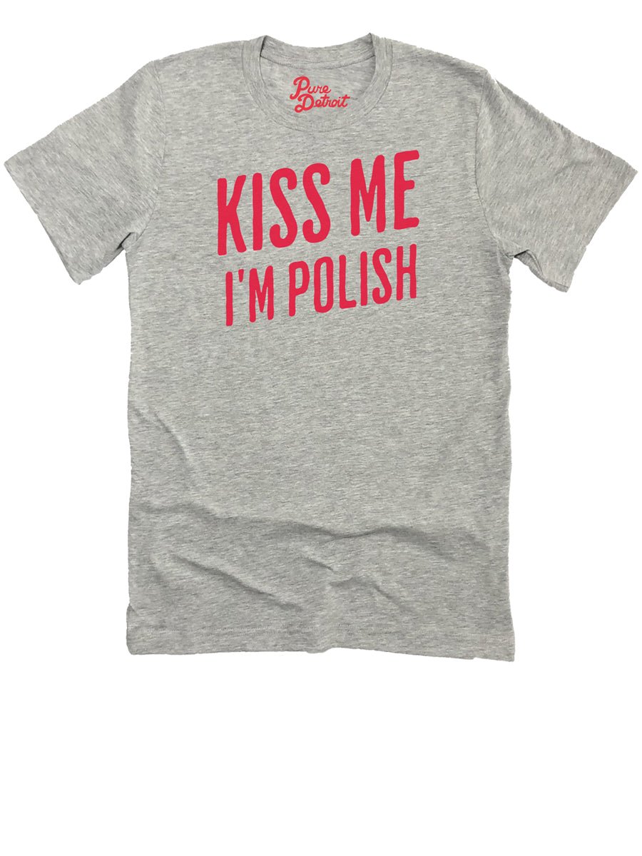 Kiss Me I'm Polish Premium Unisex T-shirt - Athletic Gray / Red t-shirt