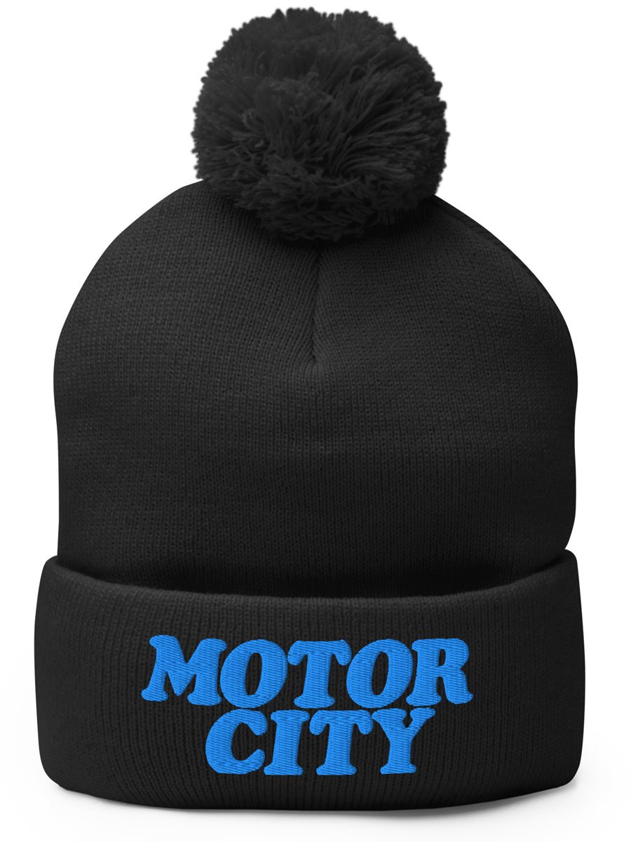 Motor City Embroidered Pom - Pom Beanie - Black / Blue - Pure Detroit