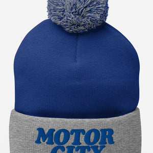 Motor City Embroidered Pom-Pom Beanie - Blue / Gray Pom Pom Beanie