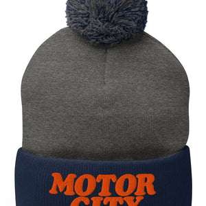Motor City Pom-Pom Beanie - Navy / Gray / Orange Pom Pom Beanie