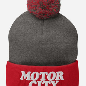 Motor City Pom-Pom Beanie - Red / Gray / White Pom Pom Beanie