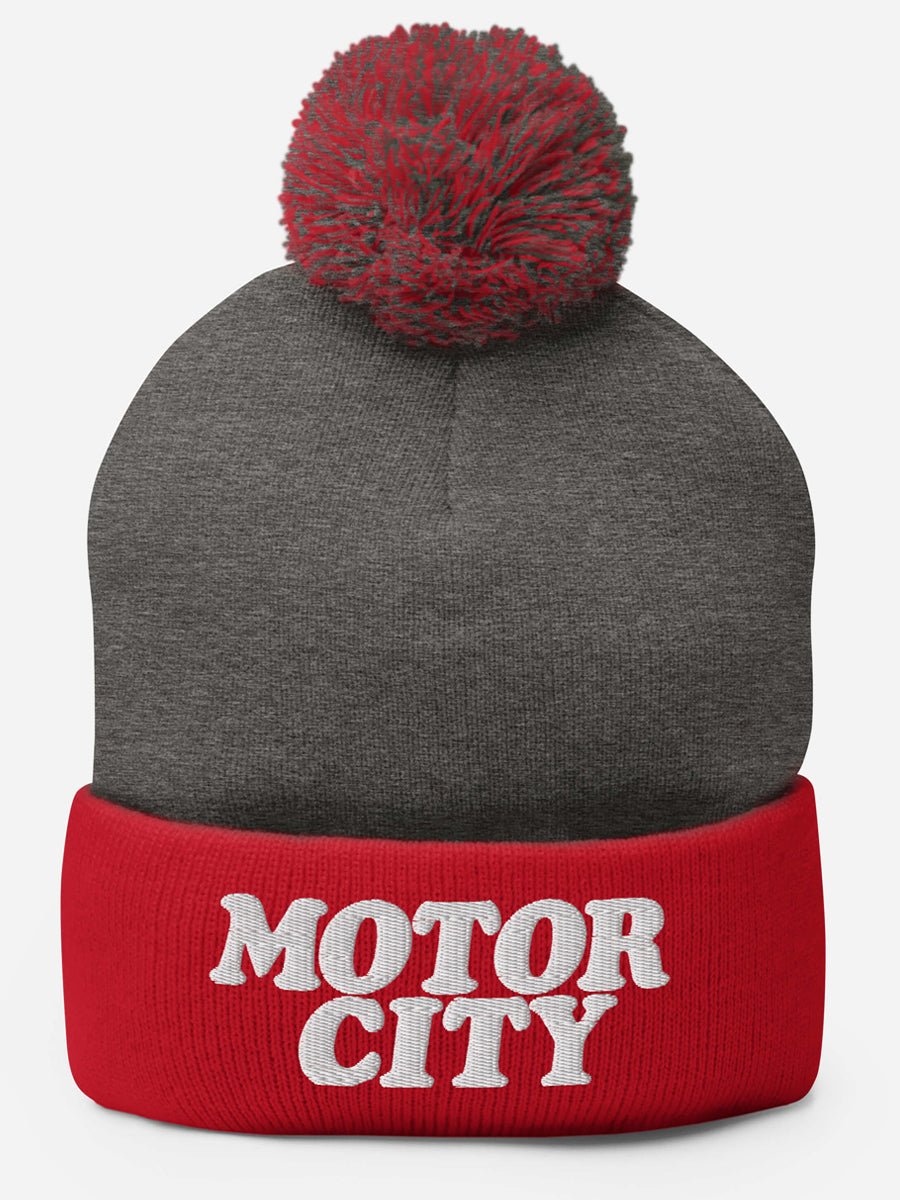 Motor City Pom-Pom Beanie - Red / Gray / White Pom Pom Beanie