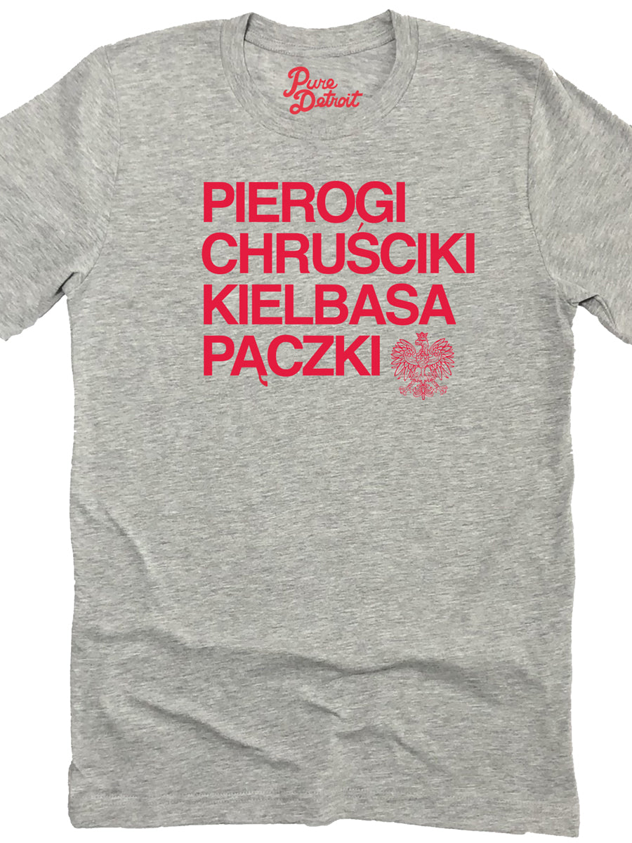 Pierogi Chrusciki Kielbasa Paczki Premium Unisex T-shirt - Athletic Gray / Red t-shirt