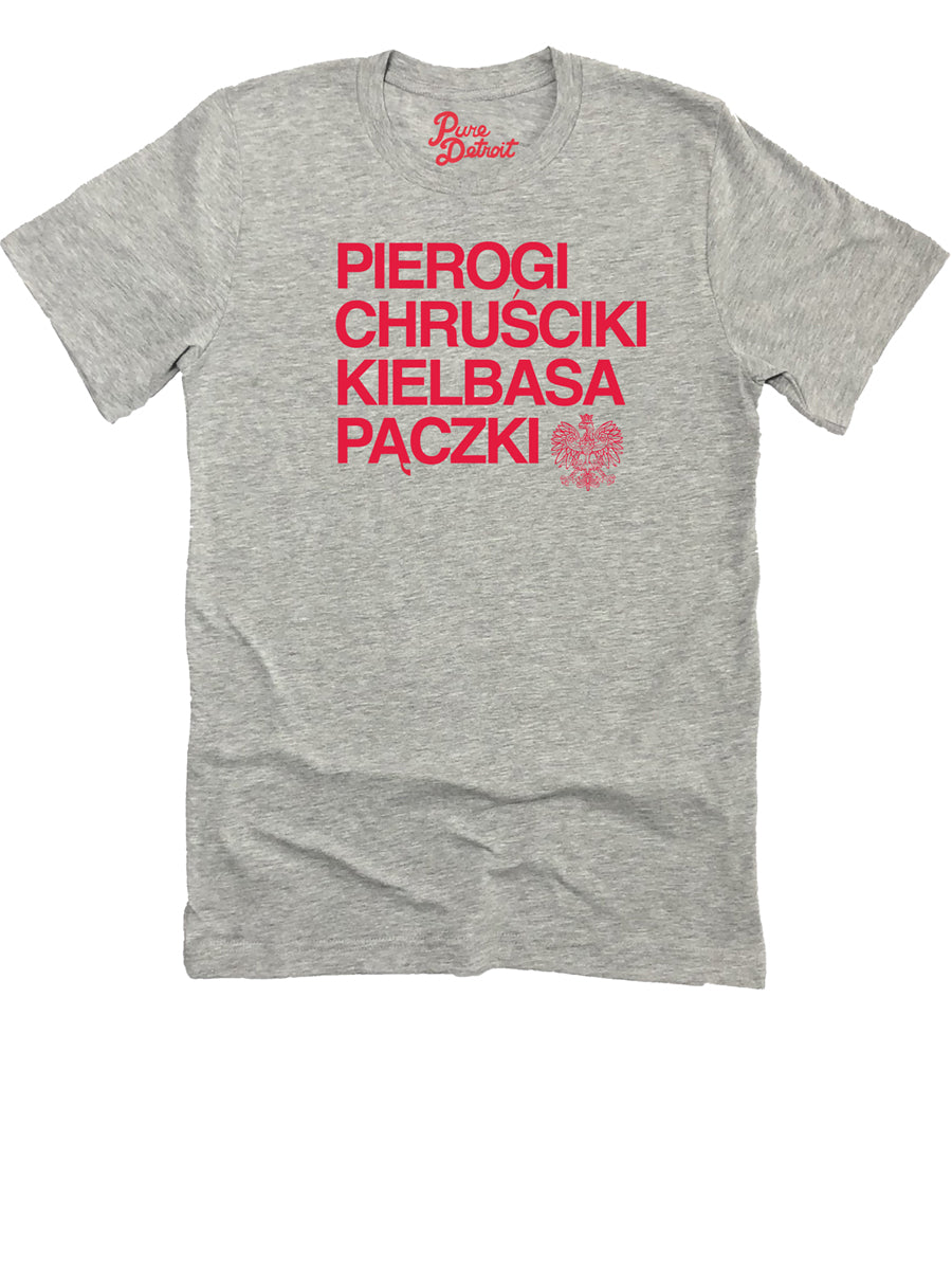 Pierogi Chrusciki Kielbasa Paczki Premium Unisex T-shirt - Athletic Gray / Red t-shirt