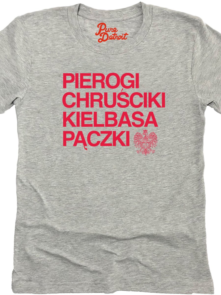 Pierogi Chrusciki Kielbasa Paczki Premium Women's Relaxed T-Shirt - Athletic Gray / Red t-shirt