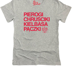 Pierogi Chrusciki Kielbasa Paczki Premium Women's Relaxed T-Shirt - Athletic Gray / Red t-shirt