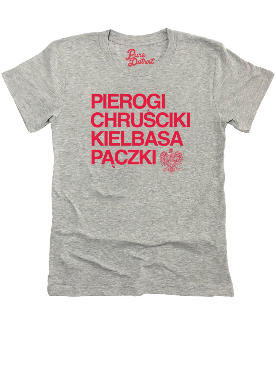 Pierogi Chrusciki Kielbasa Paczki Premium Women's Relaxed T-Shirt - Athletic Gray / Red t-shirt