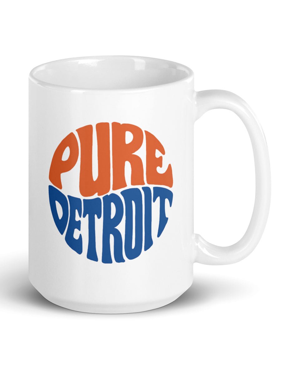 Pure Detroit 70's Retro Ceramic Coffee Mug 15 oz - White / Orange / Blue