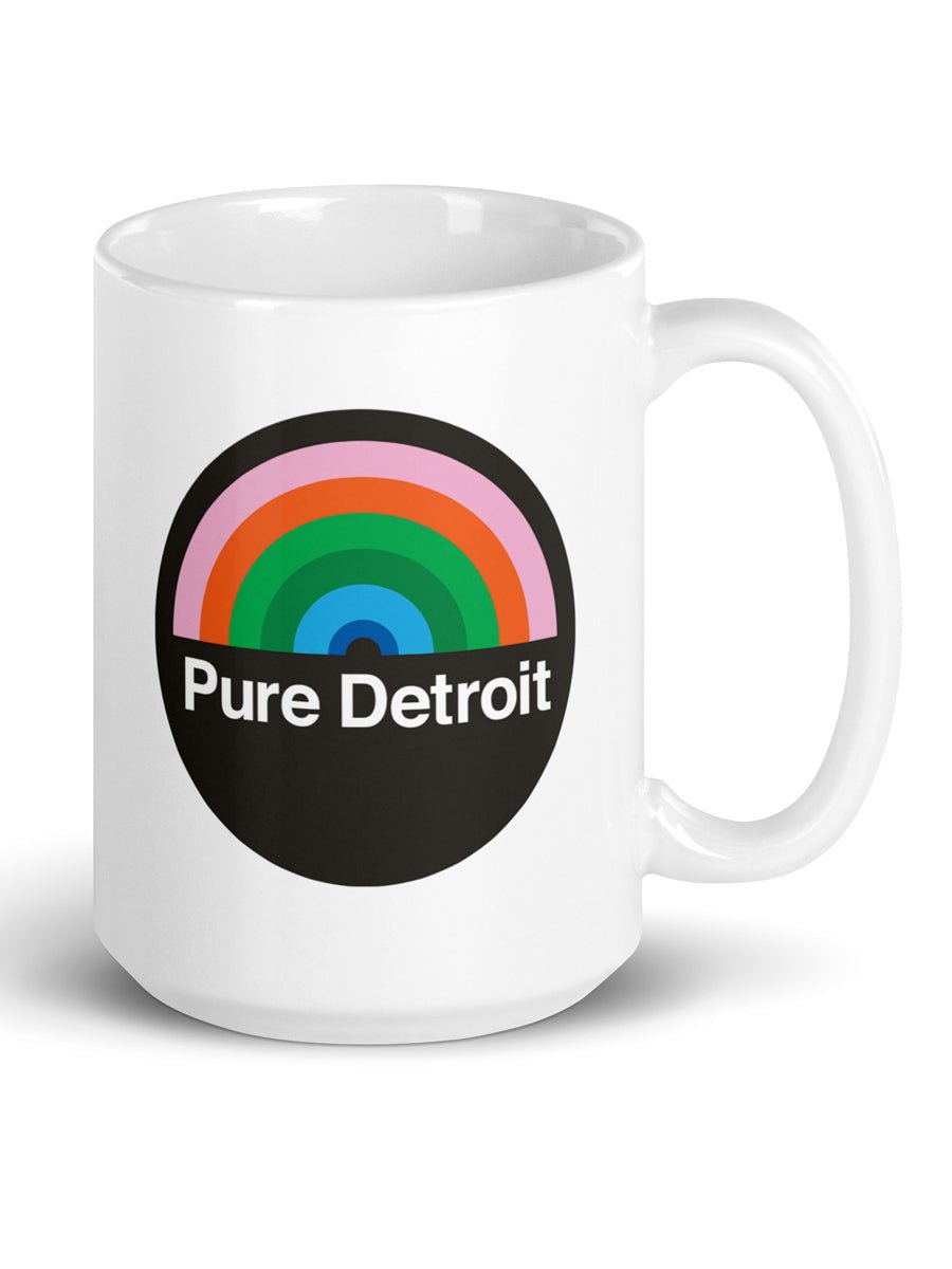 Pure Detroit Retro Rainbow Ceramic Coffee Mug 15 oz - White / Multicolor