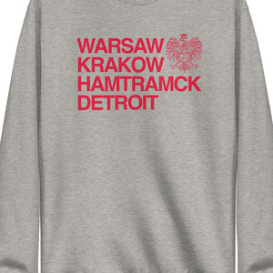 Warsaw Krakow Hamtramck Detroit Unisex Premium Sweatshirt - Athletic Gray / Red sweatshirt