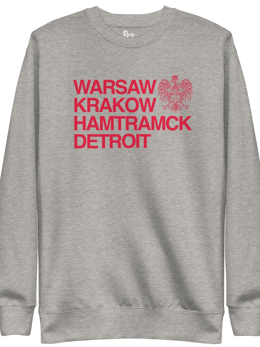 Warsaw Krakow Hamtramck Detroit Unisex Premium Sweatshirt - Athletic Gray / Red sweatshirt