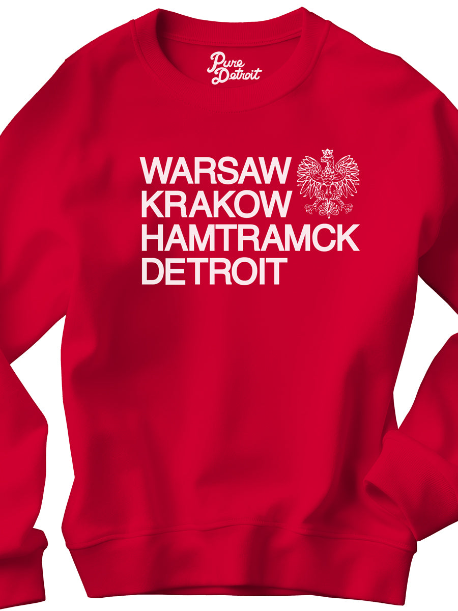 Warsaw Krakow Hamtramck Detroit Unisex Premium Sweatshirt - Red / White Sweatshirt