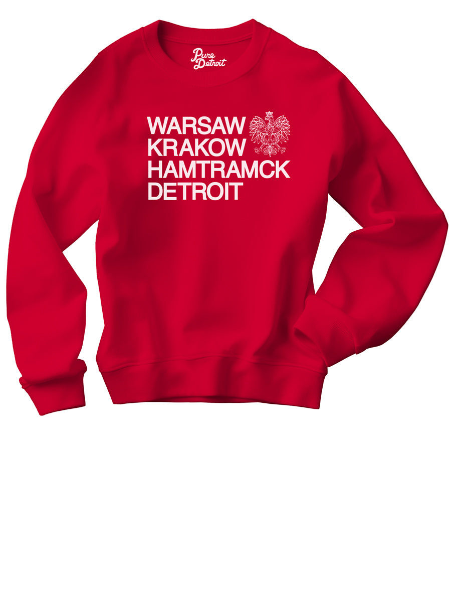 Warsaw Krakow Hamtramck Detroit Unisex Premium Sweatshirt - Red / White Sweatshirt